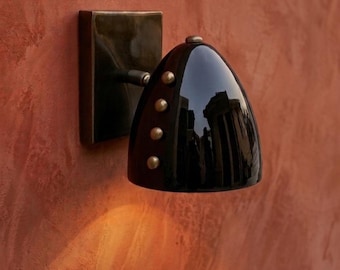 Handmade Black Ceramic Wall Sconce, Rustic Brass Industrial Lamp, Minimalist Lighting