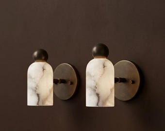 Set of 2 Alabaster & Brass Wall Sconces – Luxury Organic Stone Lighting