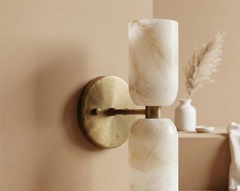 Natural Alabaster Double Light Sconce – Antique Brass Mid Century Modern Wall Lamp