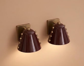 Mid-Century Modern Brass Wall Sconces | Burgundy Enamel Lighting Pair of 2