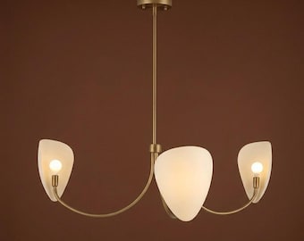 Modern Brass Chandelier, 3-Light Sculptural Glass Pendant Lamp, Mid-Century Ceiling Light