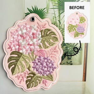 Porte-clés/étiquette à bagages brodé personnalisé en forme d'hortensia