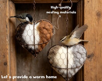 Corazón de nido de pájaro de fibra hecho a mano, rellenable, ideal para aves de invierno, ideal como regalo para amantes de los colibríes, para el hogar, el jardín y el patio.