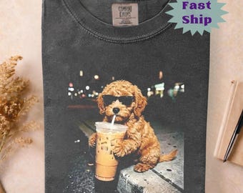 Funny Goldendoodle Drinking Iced Coffee T-Shirt,Dog Owner Gift,Dog Meme Graphic Tee,Funny Dog Shirt,Gift For Animal Lover,Coffee Dog Shirt