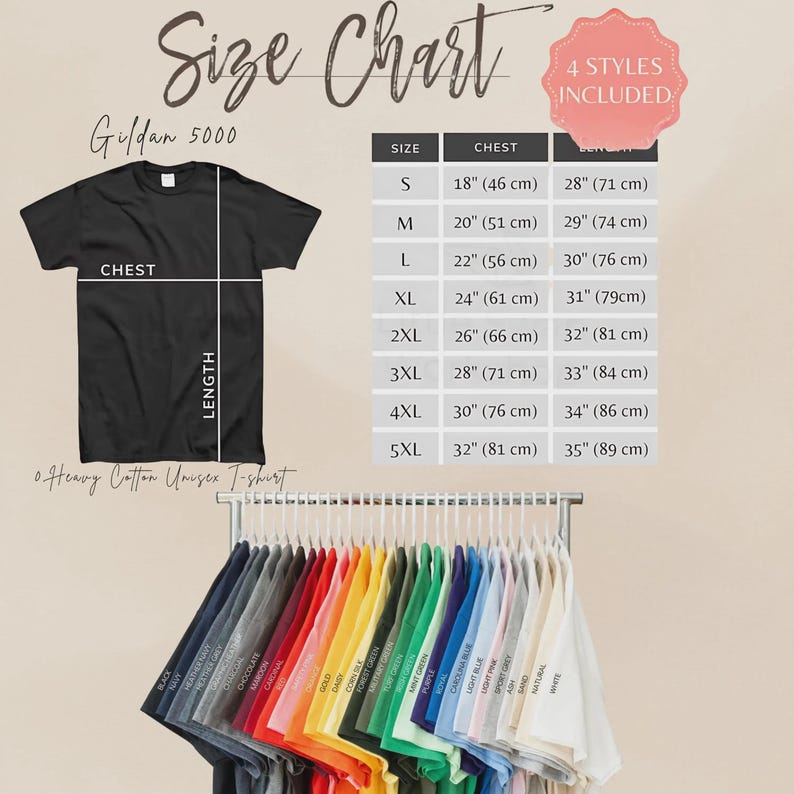 May include: A black Gildan 5000 heavy cotton unisex t-shirt with a size chart. The chart includes chest and length measurements in inches for sizes S to 5XL. A rack of various colored t-shirts is displayed below.