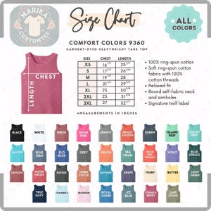 May include: A size chart for Comfort Colors 9360 garment-dyed heavyweight tank tops. It includes a table with chest and length measurements in inches for sizes XS to 3XL, a list of fabric features, and a grid of 36 color swatches with labels.
