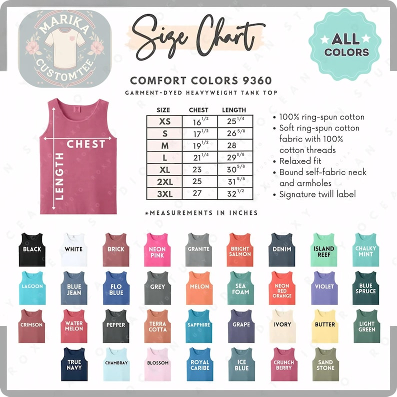May include: A size chart for Comfort Colors 9360 garment-dyed heavyweight tank tops. It includes a table with chest and length measurements in inches for sizes XS to 3XL, a list of fabric features, and a grid of 36 color swatches with labels.