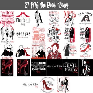 May include: A set of 27 PNG images with fashion-related designs. The images include text like "The Devil Wears Prada," "That's all," and illustrations of high heels and fashion figures. The color scheme is mainly black, white, and red.