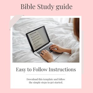 Può includere: Una grafica rosa e bianca con il testo "Bible Study guide" e "Easy to Follow Instructions". Un laptop mostra un elenco di controllo. L'immagine include il testo "CLICK HERE".
