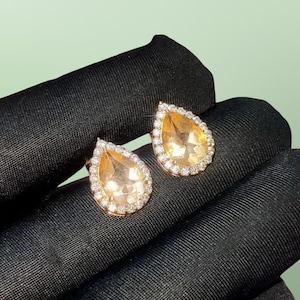 Pendientes de botón con halo de morganita sintética, plata 925 chapada en oro rosa, regalo para ella.