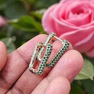 Simulated Emerald Hoop Earrings, 14K Gold Finish Silver Huggie Style