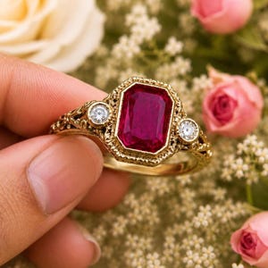May include: A gold ring featuring a large rectangular emerald-cut deep red gemstone in the center, flanked by two smaller round clear stones. The gold band and setting display intricate filigree metalwork with a textured, decorative border.