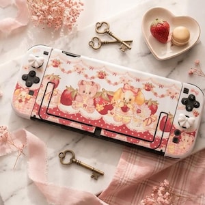 Switch 2 Case Kawaii Strawberry Bear, Cute Nintendo Switch 2 Cover Coquette Sweet, Sheep Dock Case Thumb Grips Bow Girly Gamer Gift