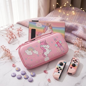 May include: Pink Switch console case with a unicorn design, rainbow, and castle. The case has a zipper closure and a handle. Also included are matching controller skins and thumb grips with moon and star designs.