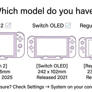 K&ouml;nnte beinhalten: Diagramm, das drei Nintendo Switch-Modelle vergleicht: Switch 2, Switch OLED und Regular Switch. Die Abmessungen sind in Millimetern angegeben. Der Text lautet: &bdquo;Welches Modell haben Sie?&ldquo; und enth&auml;lt die Erscheinungsjahre. Der Text &bdquo;Unsicher? &Uuml;berpr&uuml;fen Sie die Einstellungen &rarr; System auf Ihrer Konsole&ldquo; ist ebenfalls enthalten.