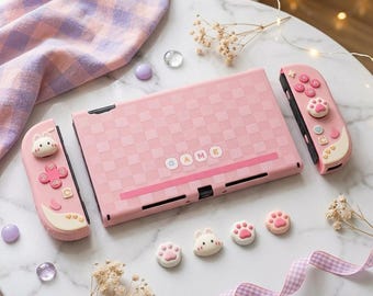 Switch 2 Silicone Case Set Screen Protector, Kawaii Pink Bunny Soft Cover, Joy-Con Grip Thumb Caps, Cute Nintendo Switch 2 Accessories Gift