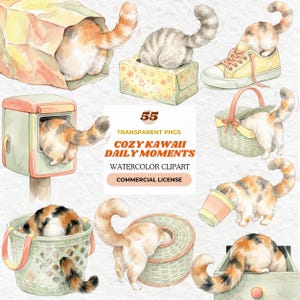May include: Watercolor clipart featuring playful cats in various scenarios. Cats are depicted with their rear ends visible, interacting with objects like a paper bag, tissue box, and a shoe. The text "COZY KAWAII DAILY MOMENTS" is also visible.