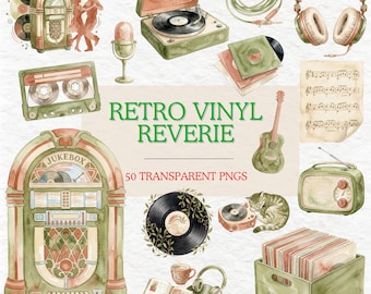 Retro vinyl clipartbundel, vintage muziek png, aquarel platenspeler, jukebox kunst, cassette, koptelefoon, muziekliefhebber clipartset
