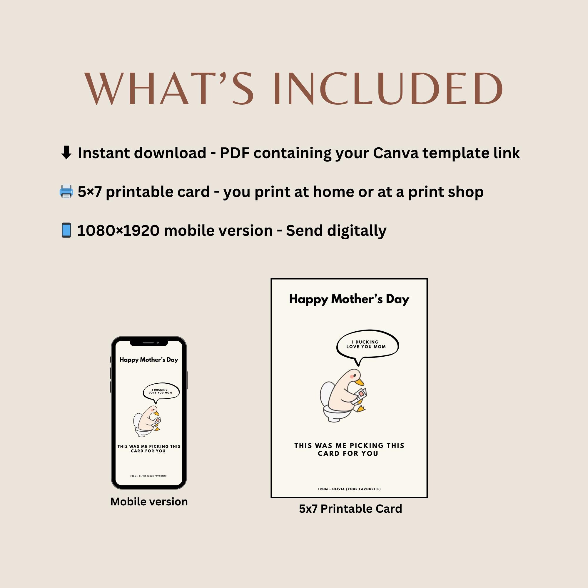 Funny Mothers Day Card for Mom | Printable Digital Canva Template ...