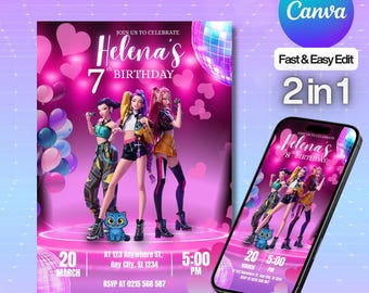 Invitación de cumpleaños de cazadores de demonios de Kpop, invitación para fiesta de cazadores de demonios de Kpop, plantilla editable de Canva, descarga digital