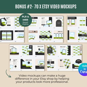 May include: A selection of 70 Etsy video mockups, presented in a grid format. The mockups demonstrate different product presentation styles for Etsy shops. Text includes "BONUS #2 - 70 X ETSY VIDEO MOCKUPS", "PLR & MRR Resell Rights", and "Video mockups can make a huge difference in your Etsy shop by helping your products look more professional."