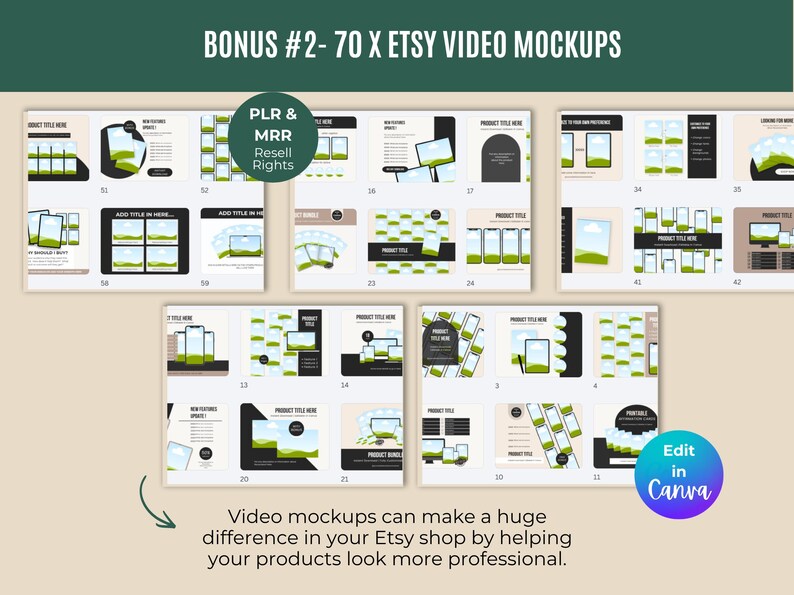 May include: A selection of 70 Etsy video mockups, presented in a grid format. The mockups demonstrate different product presentation styles for Etsy shops. Text includes "BONUS #2 - 70 X ETSY VIDEO MOCKUPS", "PLR & MRR Resell Rights", and "Video mockups can make a huge difference in your Etsy shop by helping your products look more professional."
