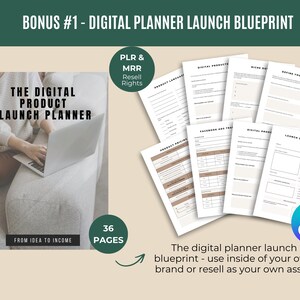 May include: An image of a digital product launch planner with a spiral binding, a laptop, and several worksheets. The text reads "The Digital Product Launch Planner" and "From Idea to Income". Includes a "PLR & MRR Resell Rights" badge.