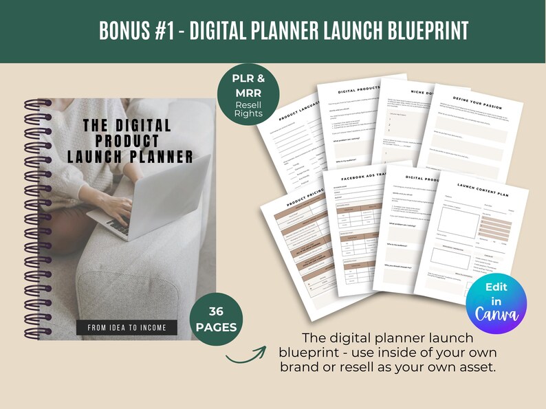 May include: An image of a digital product launch planner with a spiral binding, a laptop, and several worksheets. The text reads "The Digital Product Launch Planner" and "From Idea to Income". Includes a "PLR & MRR Resell Rights" badge.