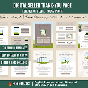 May include: A digital product mockup showcasing thank-you page templates for digital sellers. The templates include designs for desktop, mobile, and laptop screens, with text that reads "Digital Seller Thank-You Page" and "Edit, Use or Resell - 100% Profit."
