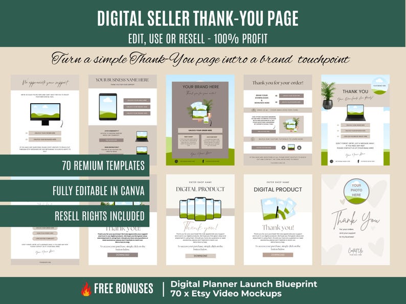 May include: A digital product mockup showcasing thank-you page templates for digital sellers. The templates include designs for desktop, mobile, and laptop screens, with text that reads "Digital Seller Thank-You Page" and "Edit, Use or Resell - 100% Profit."