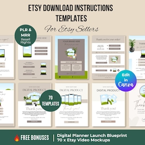 May include: A set of Etsy download instruction templates for Etsy sellers. The templates feature various designs with text and graphics, including computer and phone mockups, and the words "Thank You" and "Digital Product". The image also includes the text "Edit in Canva".