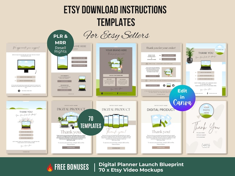 May include: A set of Etsy download instruction templates for Etsy sellers. The templates feature various designs with text and graphics, including computer and phone mockups, and the words "Thank You" and "Digital Product". The image also includes the text "Edit in Canva".