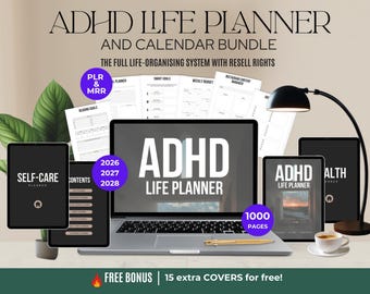 ADHDライフプランナー＆カレンダーバンドルPLR、編集可能なCanvaジャーナル、Etsy販売ツール、デジタルダウンロード