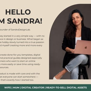 May include: An image with the text "HELLO I'M SANDRA!" and details about SandraDesignLab. A woman is seated, holding a rose gold laptop. The text describes the company's digital assets and resources for online business beginners.