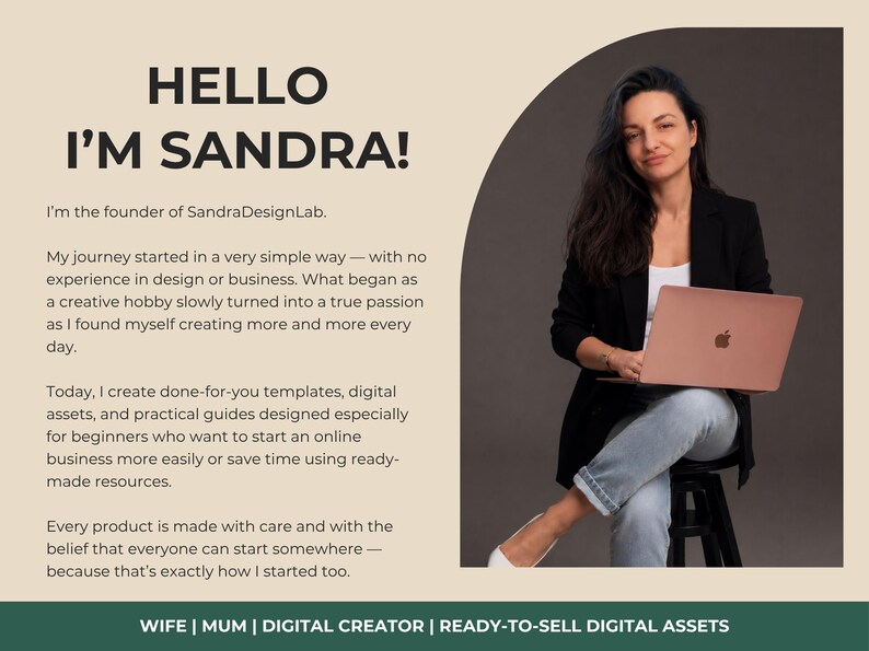 May include: An image with the text "HELLO I'M SANDRA!" and details about SandraDesignLab. A woman is seated, holding a rose gold laptop. The text describes the company's digital assets and resources for online business beginners.