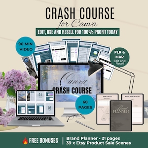 May include: A digital product mockup showing a laptop, desktop monitor, and tablets displaying a "Crash Course for Canva." The image includes text: "Edit, Use and Resell for 100% Profit Today." Additional text includes "90 MIN VIDEO," "68 PAGES," and "FREE BONUSES."