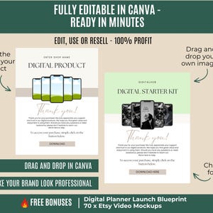 May include: Digital product templates with the text "FULLY EDITABLE IN CANVA - READY IN MINUTES". The image shows two digital product templates with smartphone graphics and the text "DIGITAL PRODUCT" and "DIGITAL STARTER KIT".