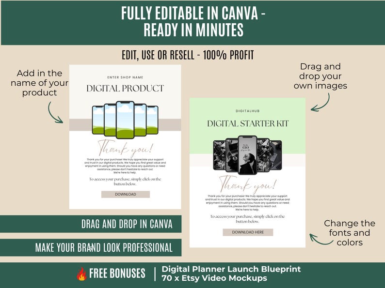 May include: Digital product templates with the text "FULLY EDITABLE IN CANVA - READY IN MINUTES". The image shows two digital product templates with smartphone graphics and the text "DIGITAL PRODUCT" and "DIGITAL STARTER KIT".
