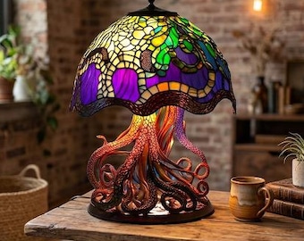 Lampa stołowa z witrażem „Ośmiornica”, lampka biurkowa z motywem meduzy, wystrój steampunkowy w stylu nadmorskim, lampka nocna w stylu secesyjnym, wyjątkowy prezent na parapetówkę