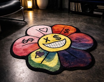Smiley Flower Rug Aesthetic Room Decor |Colorful Cute Rug | Dopamine Decor Rug | Smiley Face Rug | Trendy Bedroom Decor | Cute Flower Carpet