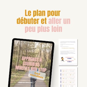 Può includere: Un tablet digitale mostra un programma di corsa con il testo "Impara a correre 45 minuti senza sosta in 6 settimane". Sono visibili documenti e testo aggiuntivi, con il titolo "Il piano per iniziare e andare un po' più lontano."
