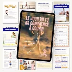 May include: A digital tablet displays the title "LE JOUR OÙ TU AS COMMENCÉ À COURIR" with a runner graphic. Surrounding pages feature running-related content, including training tips and personal trackers. The color scheme is primarily beige and pink.