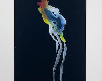 Obra de arte original en acuarela: figura abstracta sobre cartulina negra.