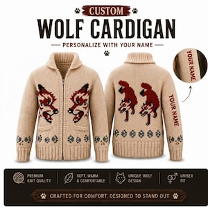 May include: A beige knit cardigan featuring a front zipper, a shawl collar, and a wolf head pattern on the chest. The back displays two wolf figures, and the sleeve includes the text YOUR NAME. The hem and cuffs have a gray paw print design.