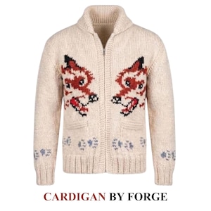 Wolf Knit Cardigan Sweater Nordic Streetwear, Zip Up Wool Blend Jacket, Unisex Winter Wear