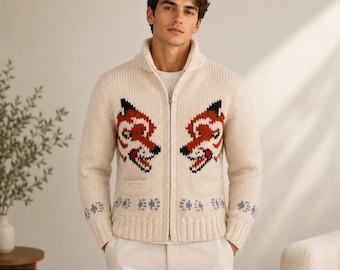 Cardigã de malha Wolf, estilo nórdico streetwear, jaqueta de lã mista com zíper, unissex para o inverno.