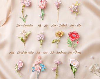 Spilla a forma di fiore del mese di nascita - Regalo di compleanno per la mamma, spilla vintage smaltata, regalo per la suocera, gioiello floreale da bavero