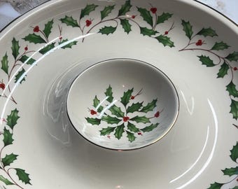 VTG Lenox Holiday Christmas-chip- en dipplaat, 12" in diameter met 22kt gouden rand