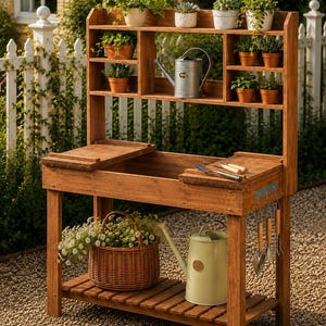 May include: A wooden potting bench with a top shelf holding various potted plants and a metal watering can. The main workspace features a central basin, side covers, and a lower slatted shelf containing a wicker basket of flowers and a light green watering can.