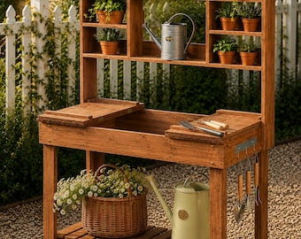 Wooden Potting Bench with Storage Shelves